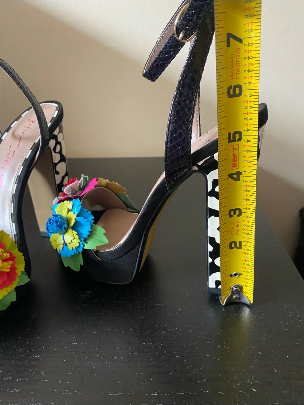 Betsey Johnson Black Platform Heels with Multicolor Floral Appliqués